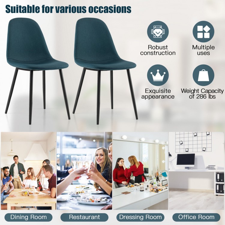 Set of 2 blue dining chairs with black metal legs, featuring ergonomic backrests for comfort and stability.